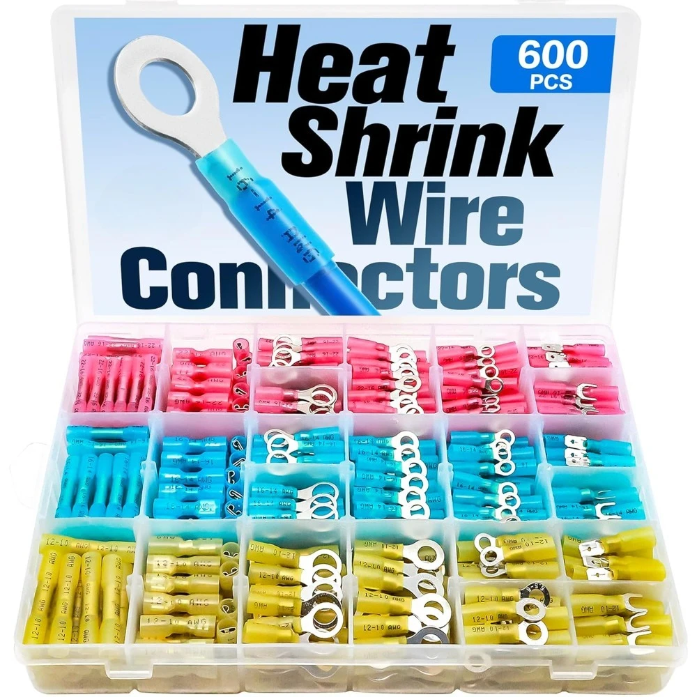

600Pcs Heat Shrink Wire Connectors Electrical Kit - Marine Automotive Crimp Terminals Assortment, Waterproof Ring Fork
