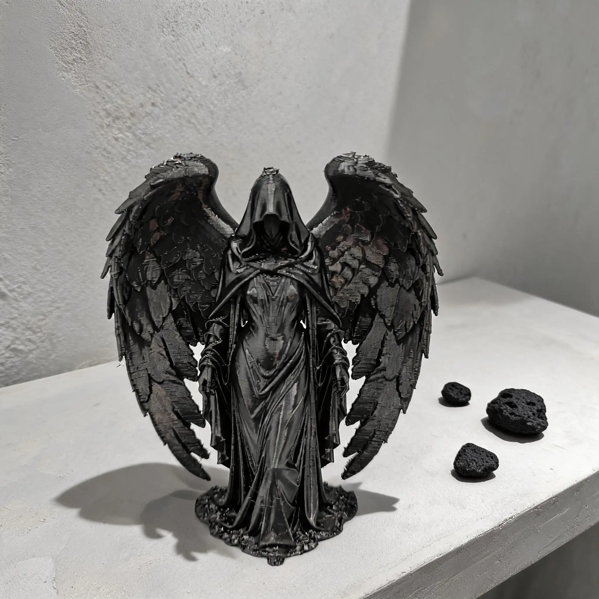 3D Printed Hooded Faceless Angel Sculpture, Large Layered Feather Wings Long Cloak Mysterious Female Angel Statue, Textured Tabl