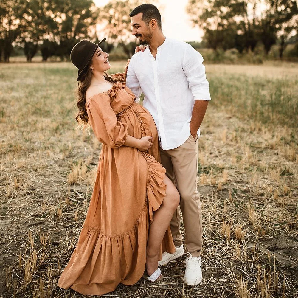 Umstandskleider für Babypartys, Baumwolle, einschulterig, langärmelig, zweiteiliges Kleid, Umstandskleider für Fotoshooting