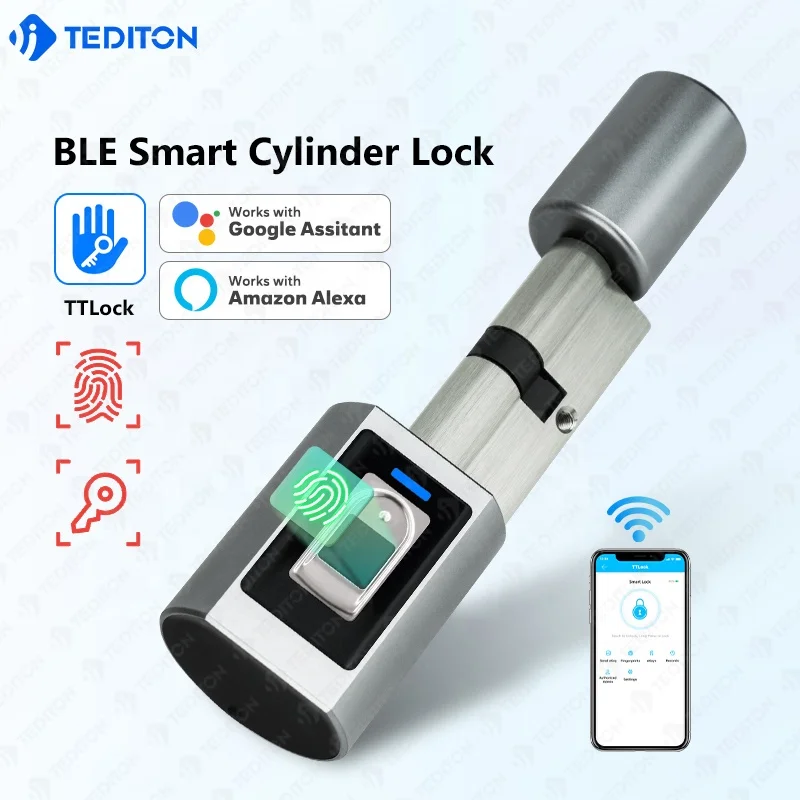 Tediton Adjustable Lock Cylinder Waterproof IP65 European Lock TTlock APP Cylinder Smart Fingerprint Door Lock