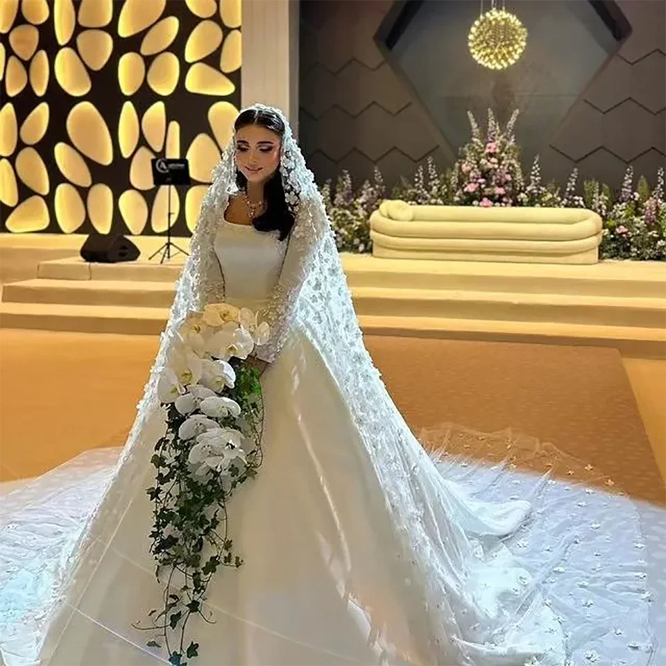 Customized Flowers Appliques Ball Gown Satin Wedding Dress 2026 Princess Square Neck Long Sleeves Bridal Gowns Vestidos De Novia