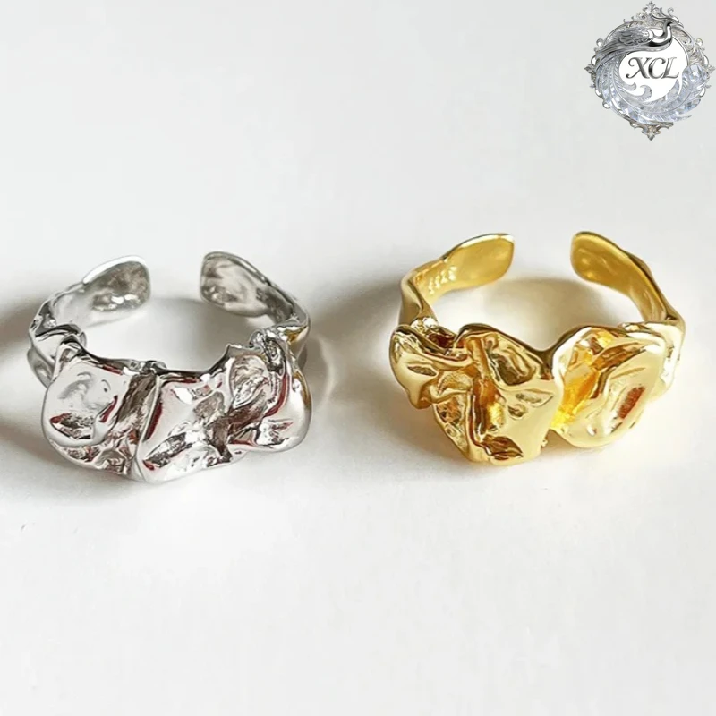 

XCL Fold Concave Convex Wide Open Ring S925 Sterling Silver Resizable Adjustable Luxury Fine Jewelry Gift for Women Party