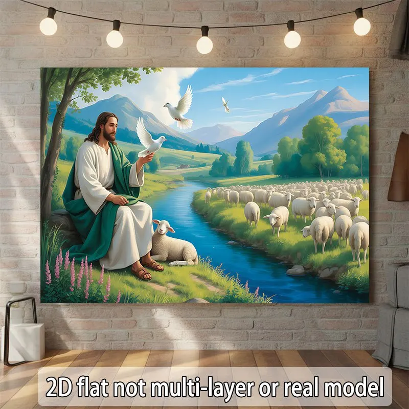 Huge Jesus Biblical Tapestry Wall Hanging Christian Spiritual Art Decor Landscape Dove Sheep Shepherd Pastoral Religious Home