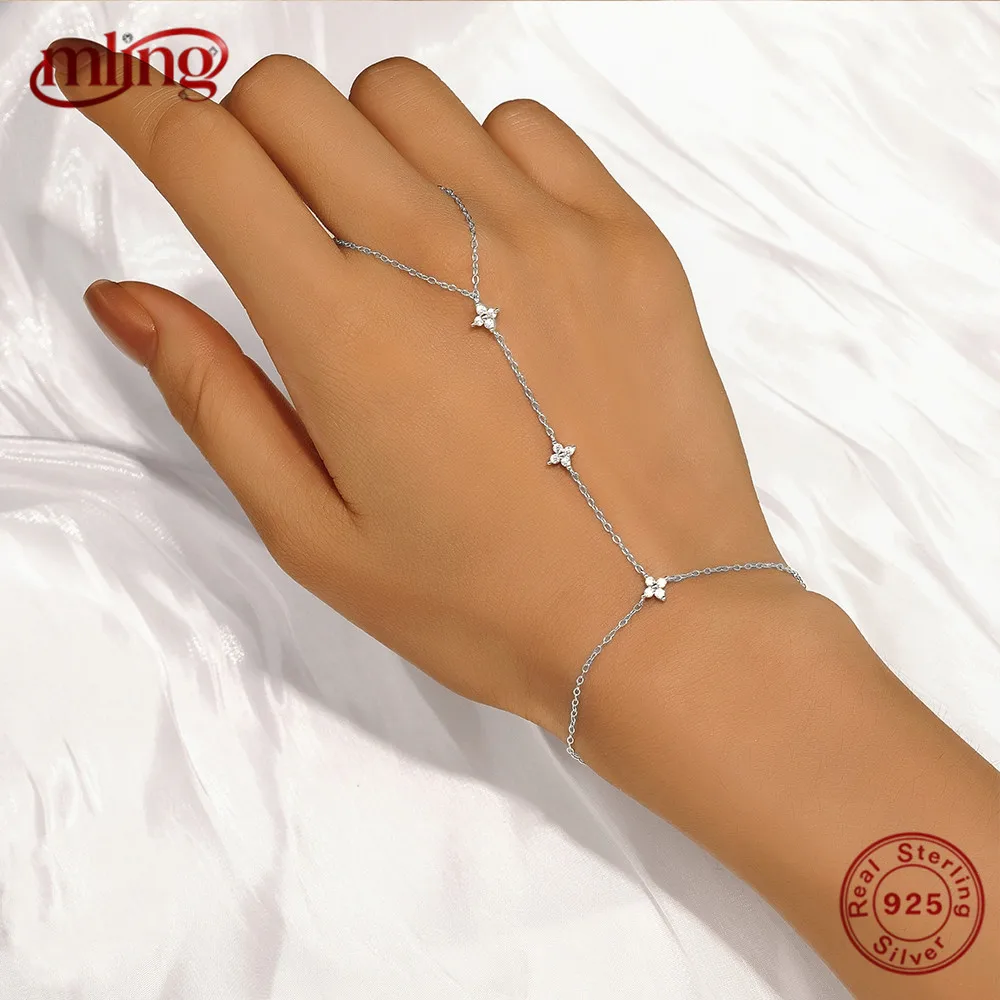 

MLING 925 Sterling Silver Lucky Flower CZ Hand Chain Bracelets For Women Geometric Horse Eye Finger Ring Chain Fine Jewelry Gift
