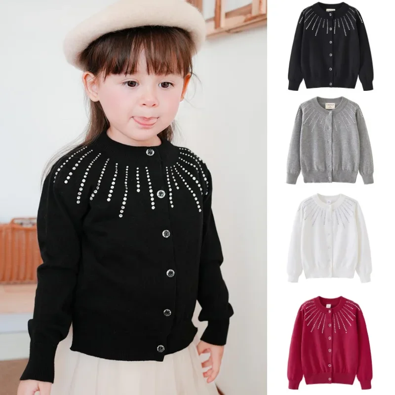 

Girls Sweater 2025 Spring Hot Drill Fashion Knitted Cardigan Children's Jacket Cotton White Casual Sweater Children's Clothing