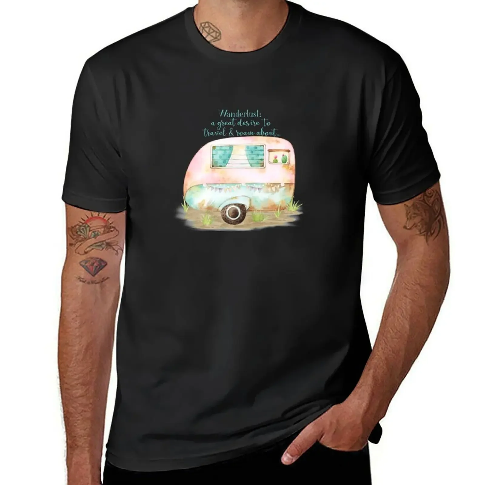 Watercolor Retro Vintage Caravan Scene - for the wanderlust road trip enthusiast who loves to glamp. T-Shirt