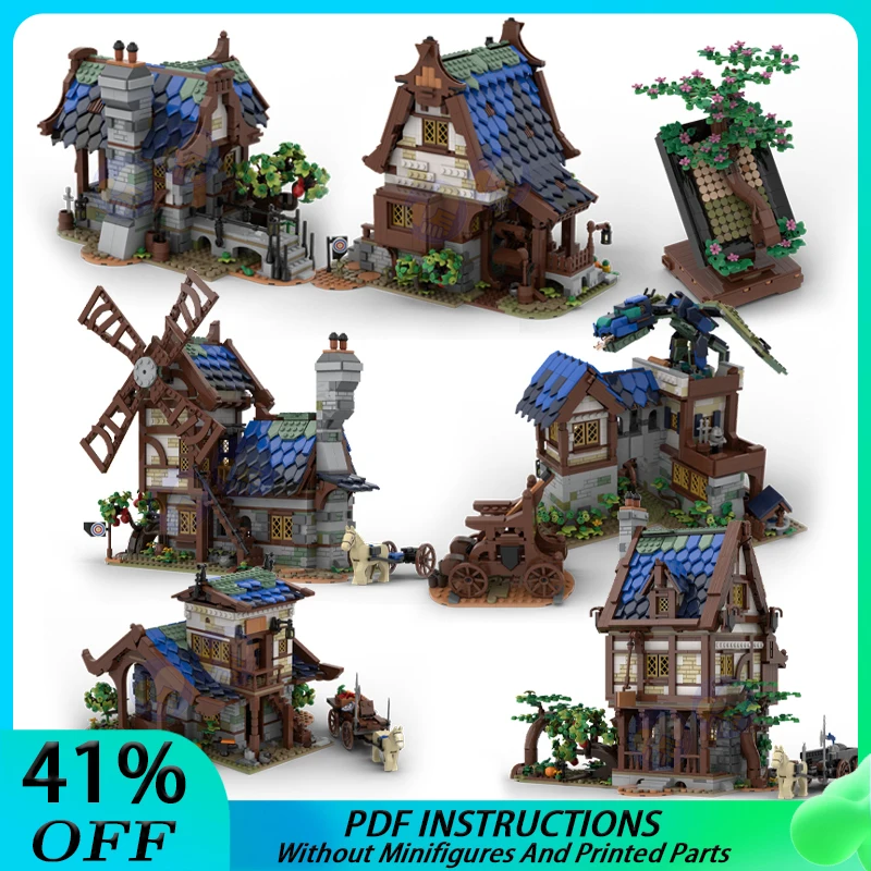 

MOC Medieval Town Market Tavern Watermill Barn Windmill House Model Building Blocks DIY Street View Bricks Children Toys Gifts