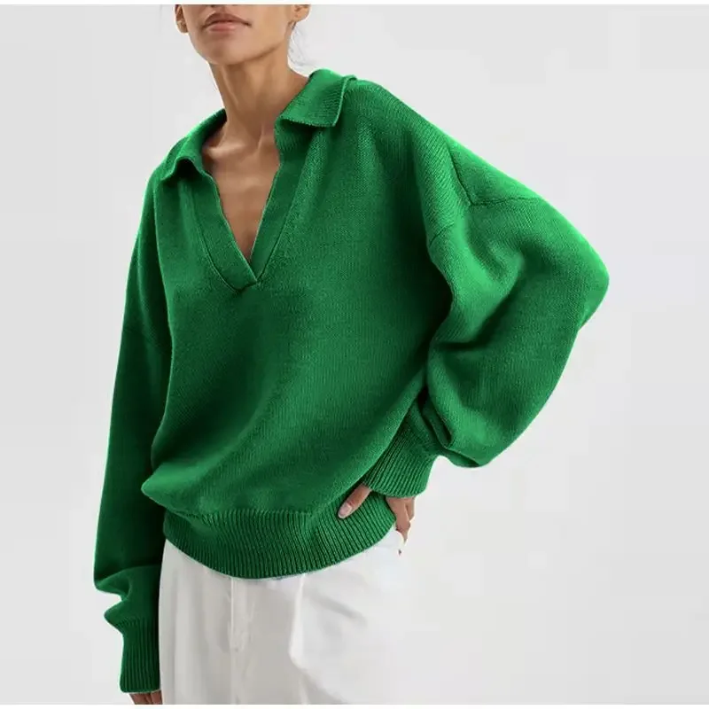 Casual Loose Knitted Sweater Pullover for Autumn/Winter Women\'s Sweaters 2024 New Polo V-neck Long Sleeve Green Shirts Mujer