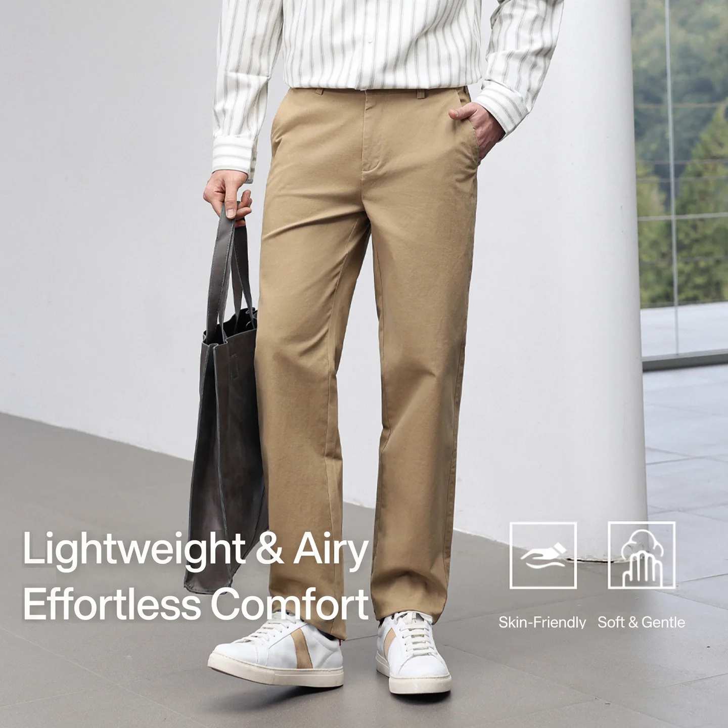 Men Relaxed Straight Casual Pants Premium Cotton Stretch Elastic Waist Summer Wrinkle Resistant Business Work Chinos Breathable