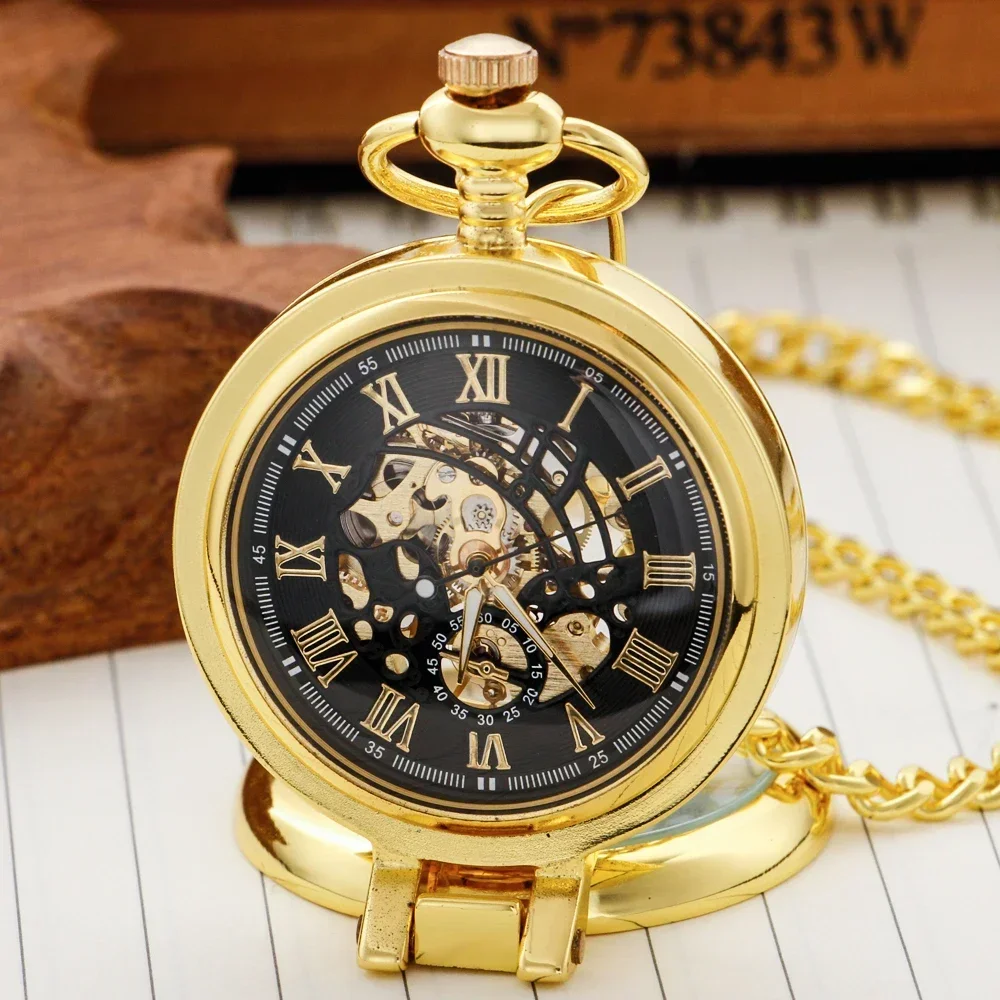 

NEW Luxury Gold Personality Mechanical Hand Wind Pocket Watch with Chain Steampunk Vintage Roman Numerals Pocket Fob Watch