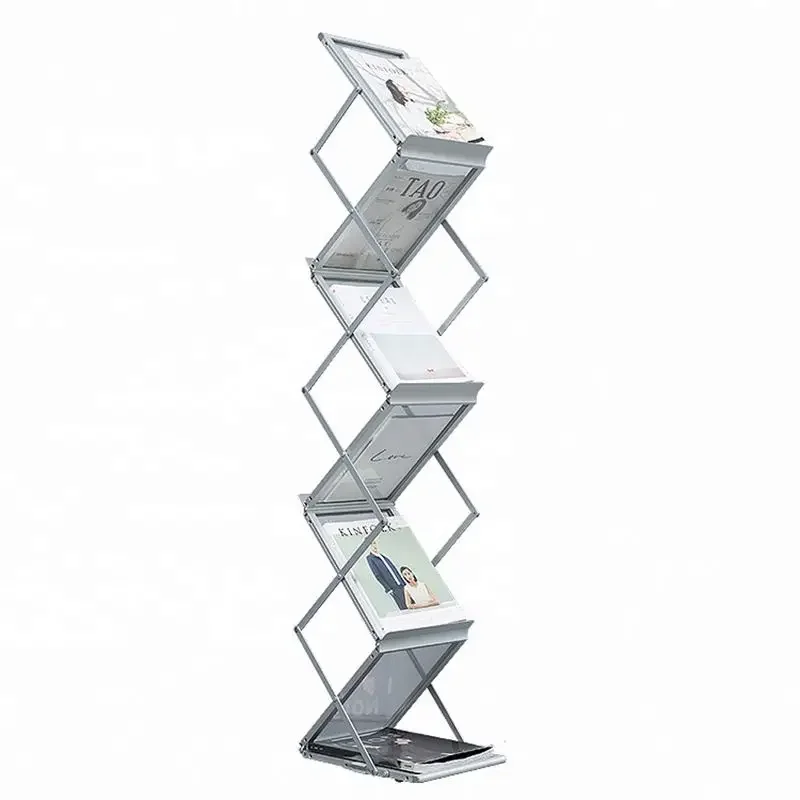 

Foldable Aluminum Acrylic Zigzag Magazine Catalog Holder A4 Size Brochure Rack Stands For Promotional Advertising