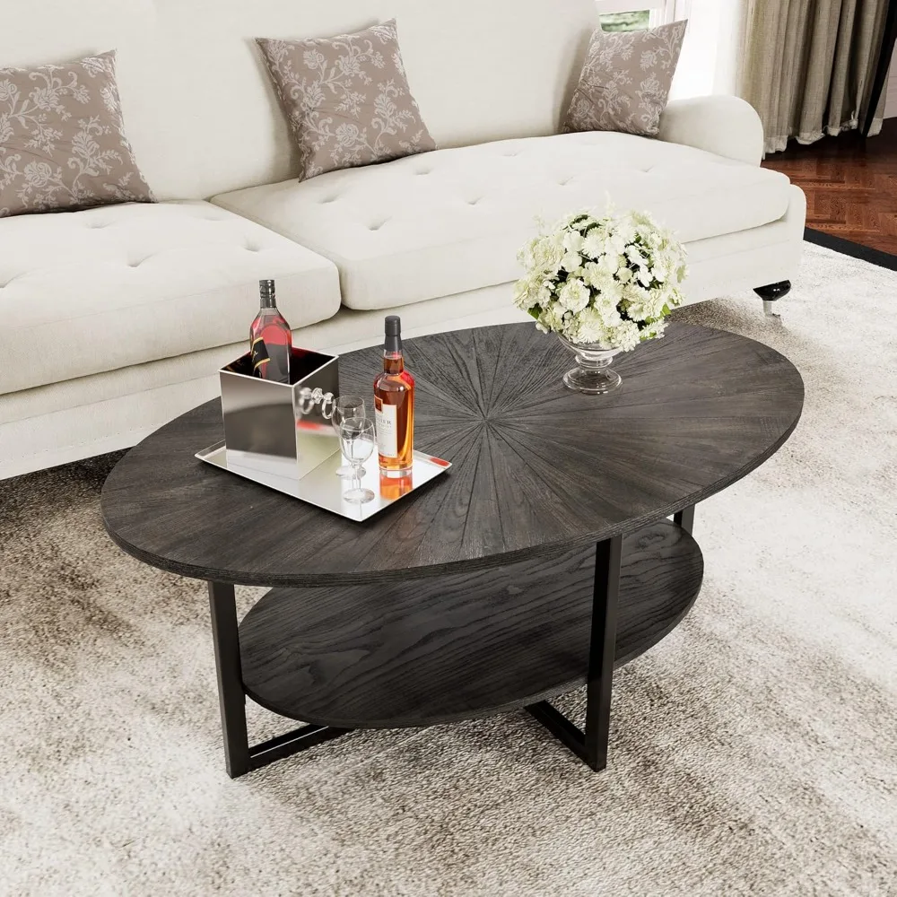 Solid Wood Oval Coffee Table with Cross Metal Legs, 43.3in Modern Industrail Center Table with Open Shelf Cocktail Tea Table