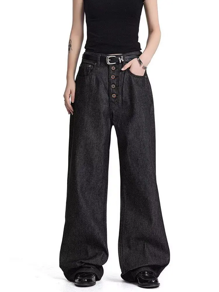 

Women’s Vintage Straight Wide-leg Jeans Autumn High Waist Baggy Unisex Denim Pants Female Five Buckle Design High Waist Trouser