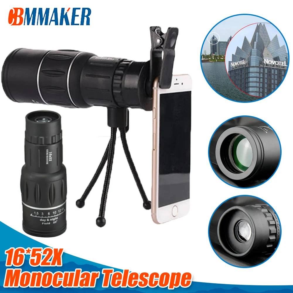 16x52 Monocular Telescope Mobile Camera Lens Retractable Zoom Waterproof Bak4 Prism Professional HD with Tripod Phone Clip