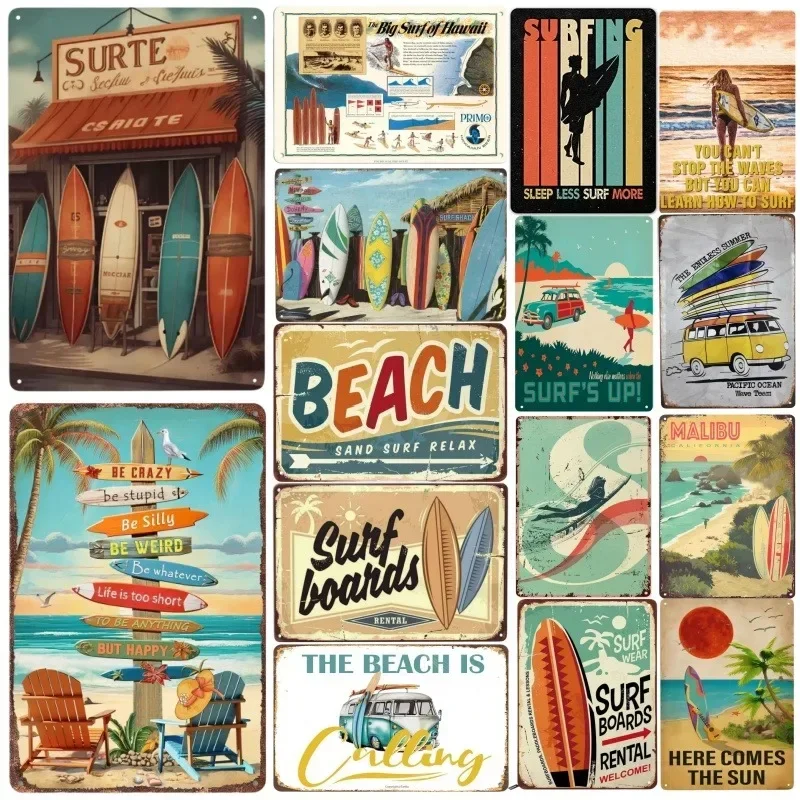 Metal Tin Poster Surf Boards  Metal Tin Signs Vintage Retro Plaque Poster for Beach Bar Club Wall Decor Home Wall Plate Pendant