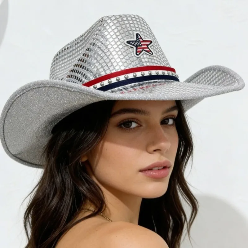 American Independence Day sequin cowboy , five-pointed star flag embroidery, western-style hat, party and performance sun