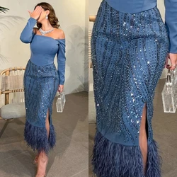 Customized Elegant Off the Shoulder Sheath Slit Feathers Party Dress Sequin Ankle Length Long Formal Evening Gowns