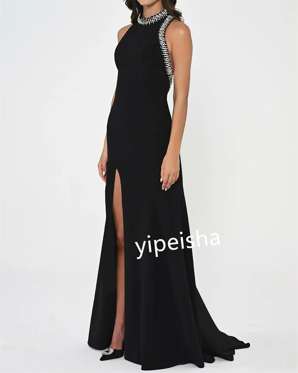 PersonalizadoJersey rebordear plisado fiesta halter recto vestido de ocasión a medida vestidos largos