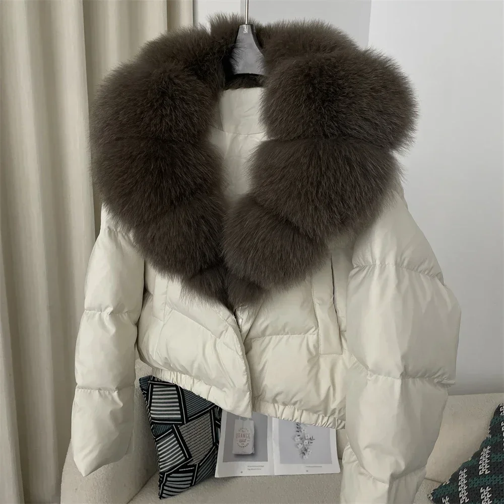 Short Puffer Jacket Thick New Big Natural Real Fox Fur Coat Down Coat Women Autumn Winter Female White Duck Down Coat Feather