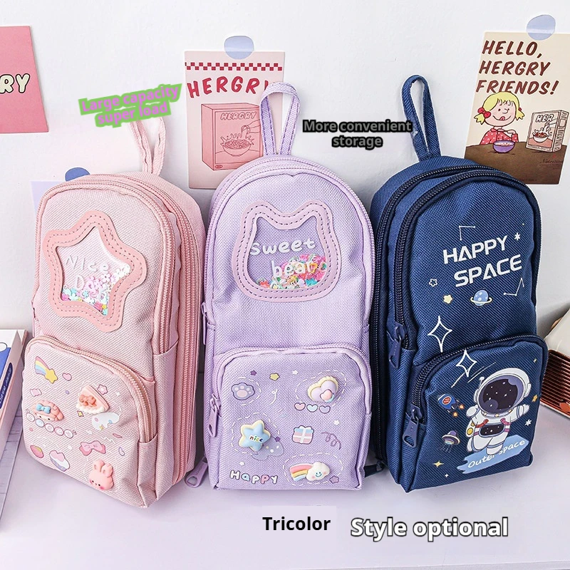 

Handheld Backpack Cartoon Pencil Case Cute Dirt Resistant Canvas Students Storage Bag Large-Capacity Three-Layer Stationery Bags