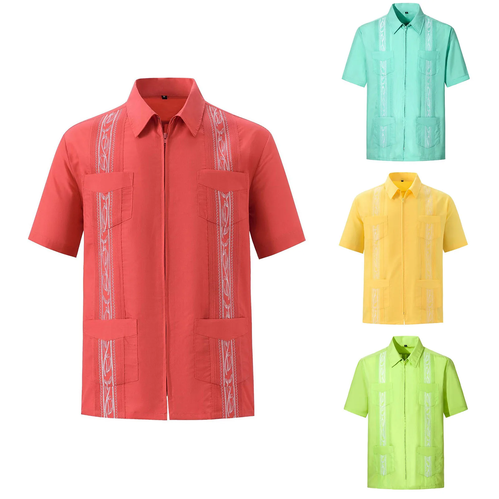 Men\'s Embroidery Shirt Full Zipper Short Sleeve Turn Down Collar Guayabera Shirts With Pockets Summer Vintage Mexican Shirt Tops