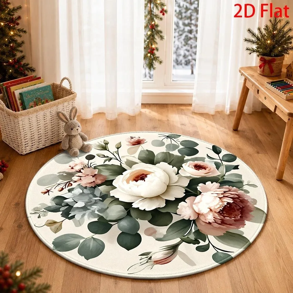 Artistic Flower Round Rug, Retro Print Yellow Bloom Foliage Circular Floor Mat for Living Room Bedroom Balcony Home Decor