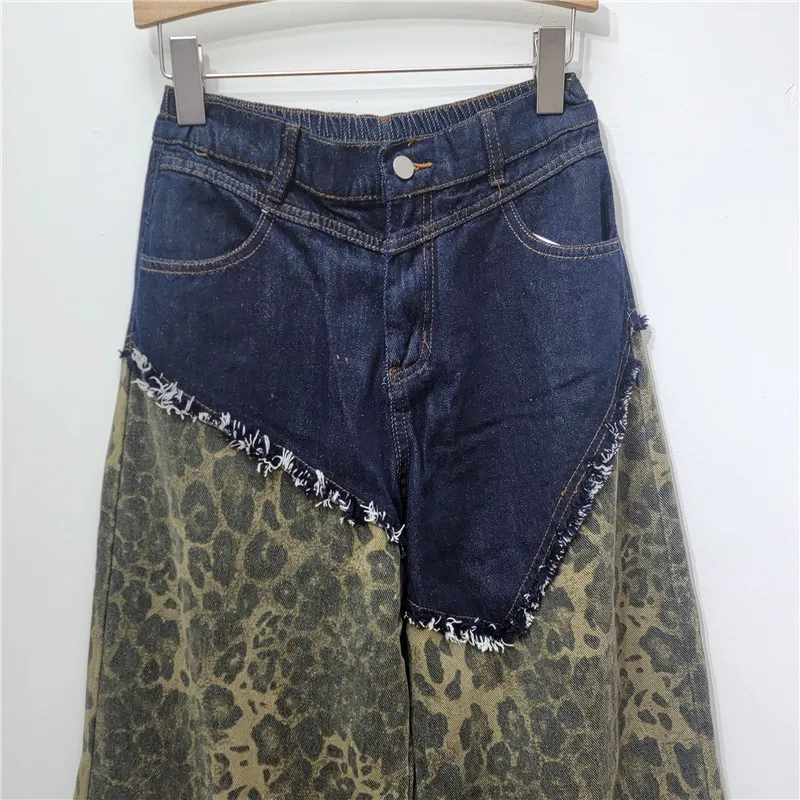 European Trendy Brand Leopard Print Splicing High-waisted Jeans Wide-leg Pants Women Autumn Irregular Casual Straight-leg Pants