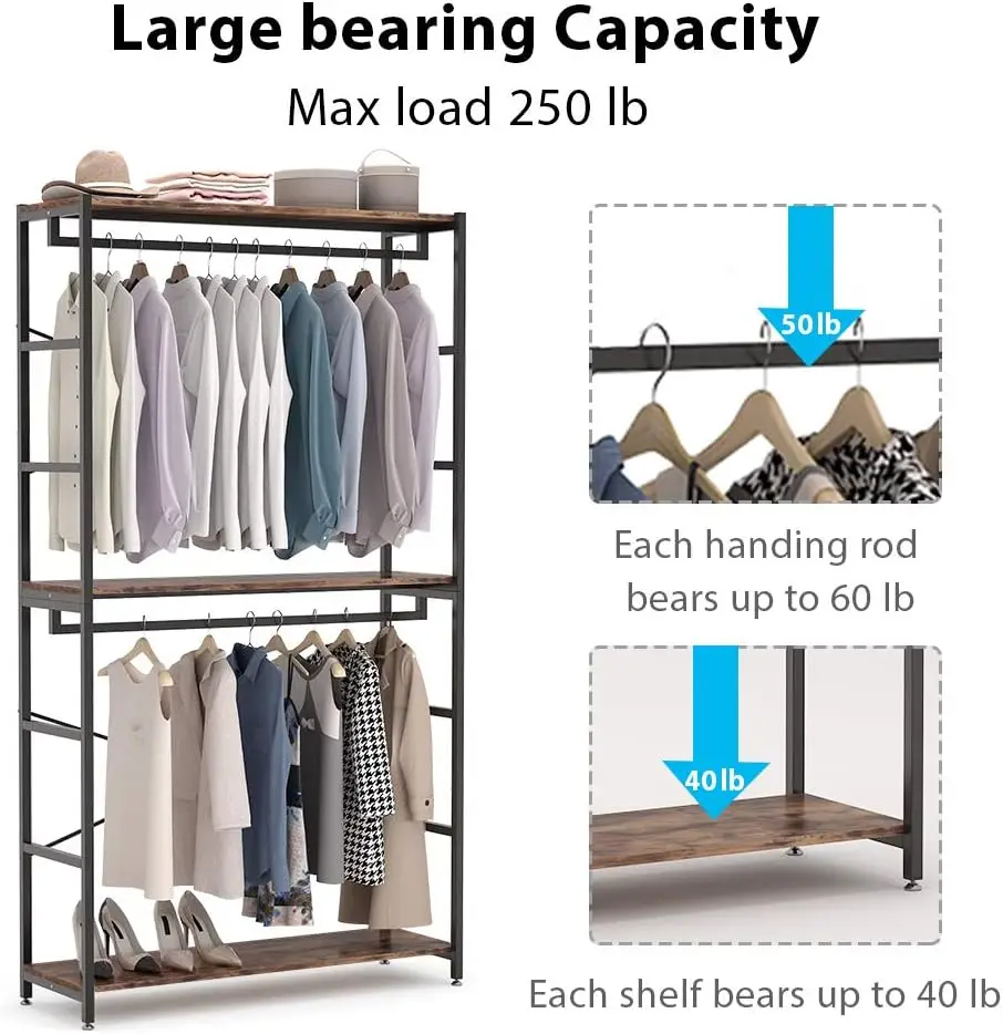 86 inches Double Rod Closet Organizer, Freestanding 7.2 ft 3 Tiers Shelves Clothes Garment Racks, Clothing Storage Shelving Unit