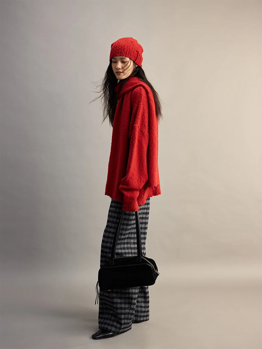 CAREMIND Cry Stberry Soft Woolen Knitted Sweater White Enhancing Red Sweater with Scarf Hat Casual Loose Fit Women's Fa...