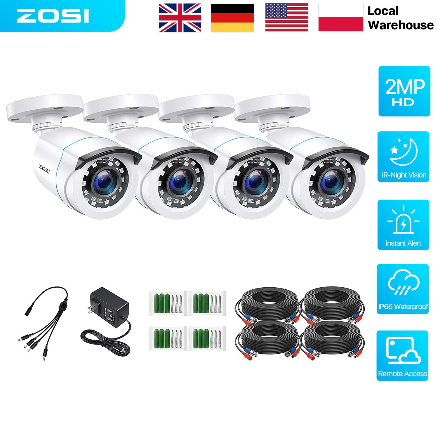 ZOSI 1080P HD TVI Bullet-Überwachungskamera für den Außenbereich mit 80 Fuß IR-Nachtsicht, Bewegungserkennung, 2MP HD CCTV-Überwachung, Weiß, 2er-Pack/4er-Pack