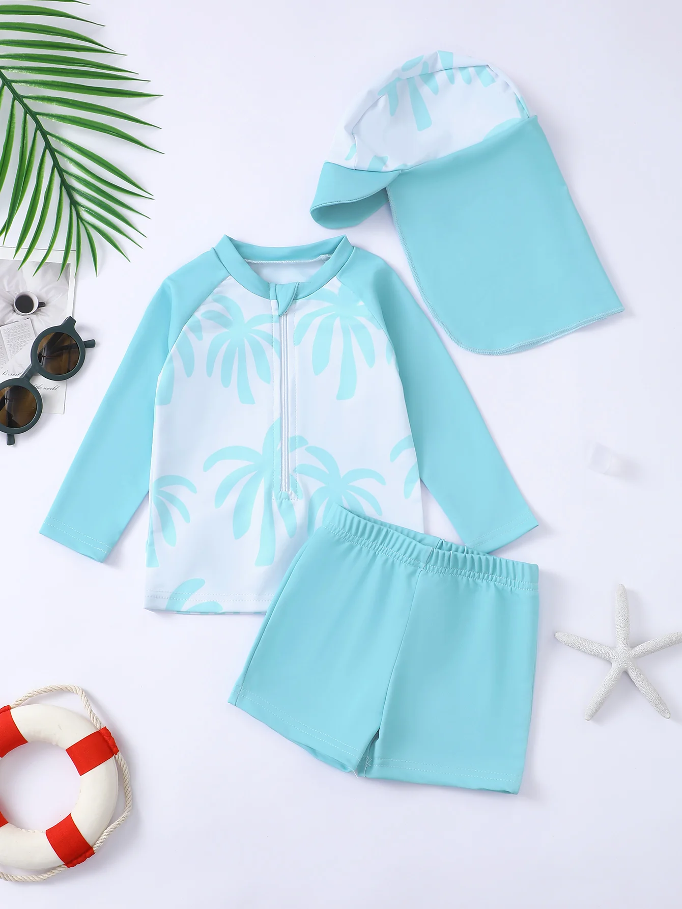 Baby Boys Long Sleeve Swimming Suit Set with Hat Coconut Tree Print Pattern Infant Male Swimwear Ensemble
