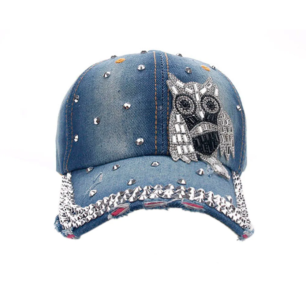 New Women Men Fashion Owl Denim Rhinestone Punk Baseball Cap Hip Hop Flat Hat Unisex Golf Demin Hat Party 2024