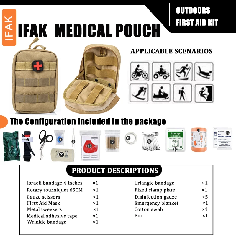 IFAK-bolsa médica táctica de primeros auxilios, equipo de supervivencia para caza al aire libre, torniquete de emergencia EDC Moll