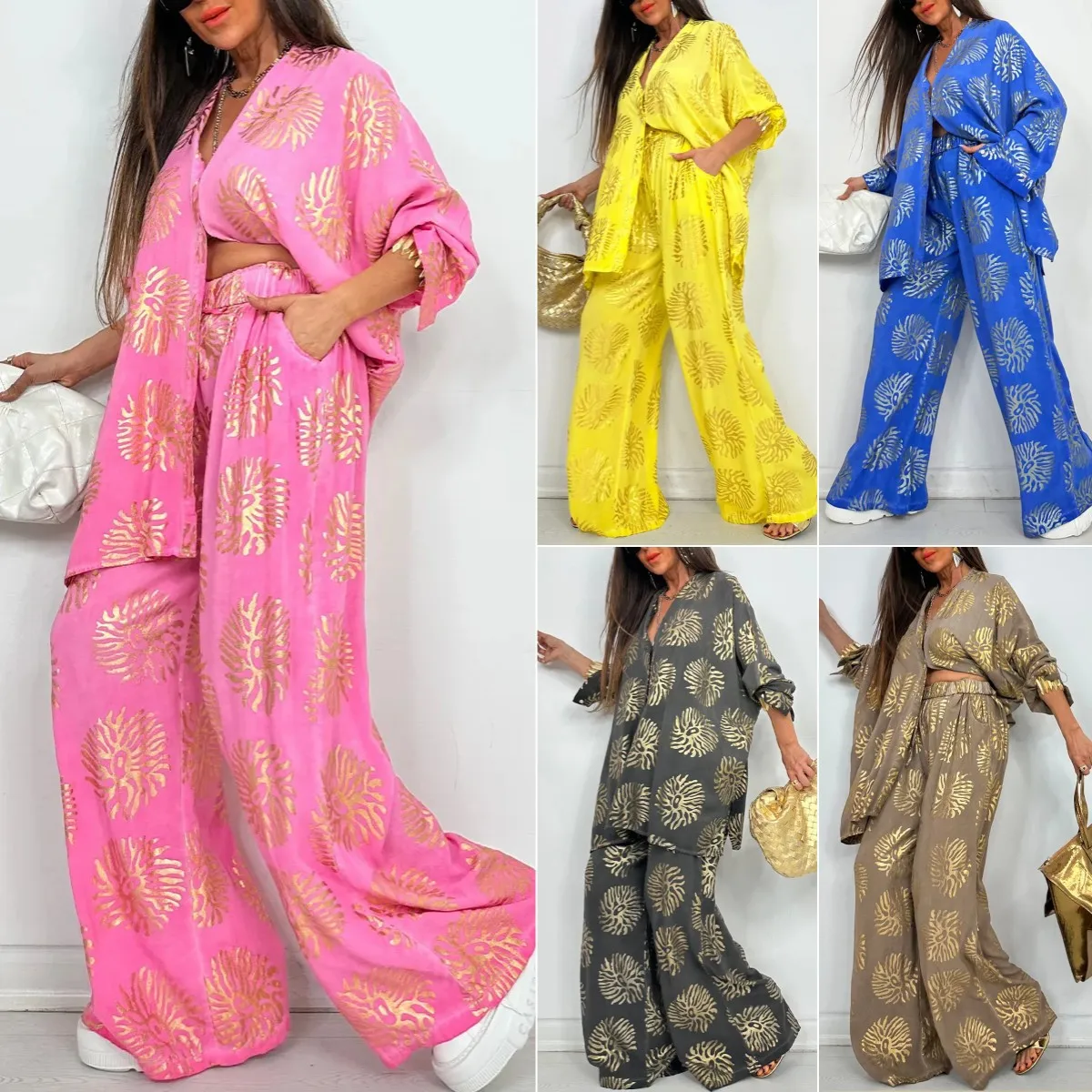 

Women Pant Set Two Piece Sets V Neck Full Sleeve Print Mid Length Top Wide Leg Long Pants High Waist Y2k Streetwear Casual Loose