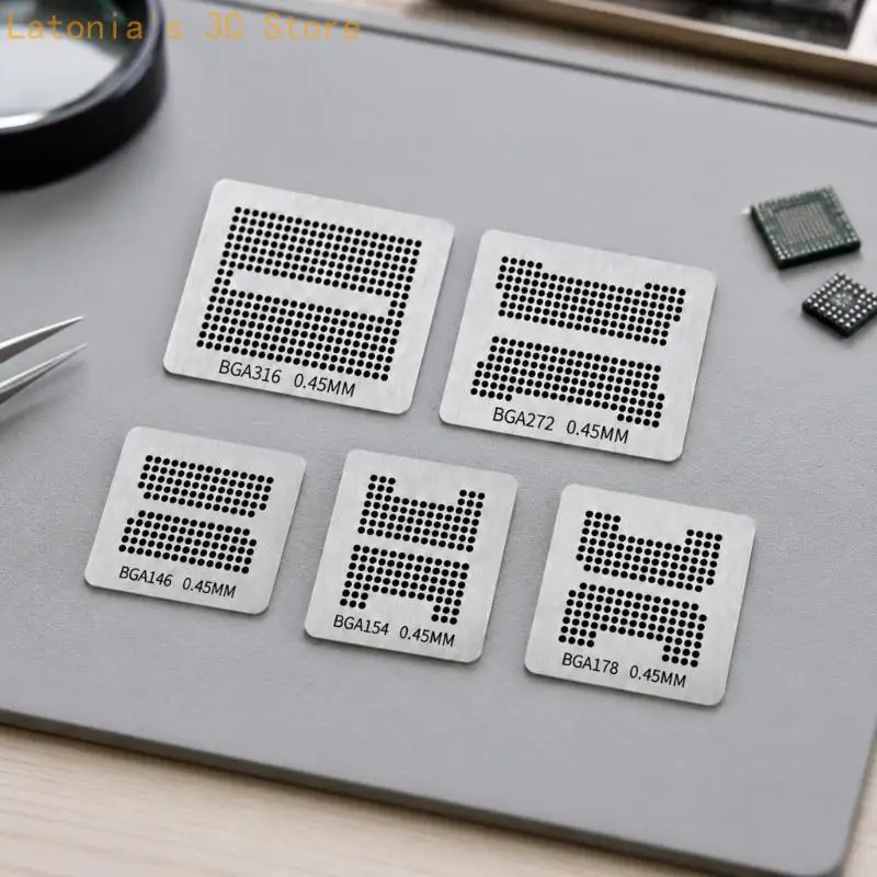 Fünfteiliger Chip-Lötplattensatz aus Stahl mit 316 272 178 154 146 Layout-Etiketten für Reballing-Reparatur und Platinenservice – Detail 8