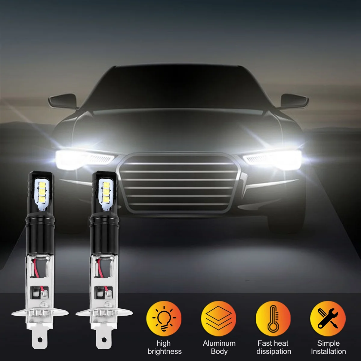 2X H1 6000K Super Bright White 6000LM DRL LED Headlight Bulb Kit High-Beam