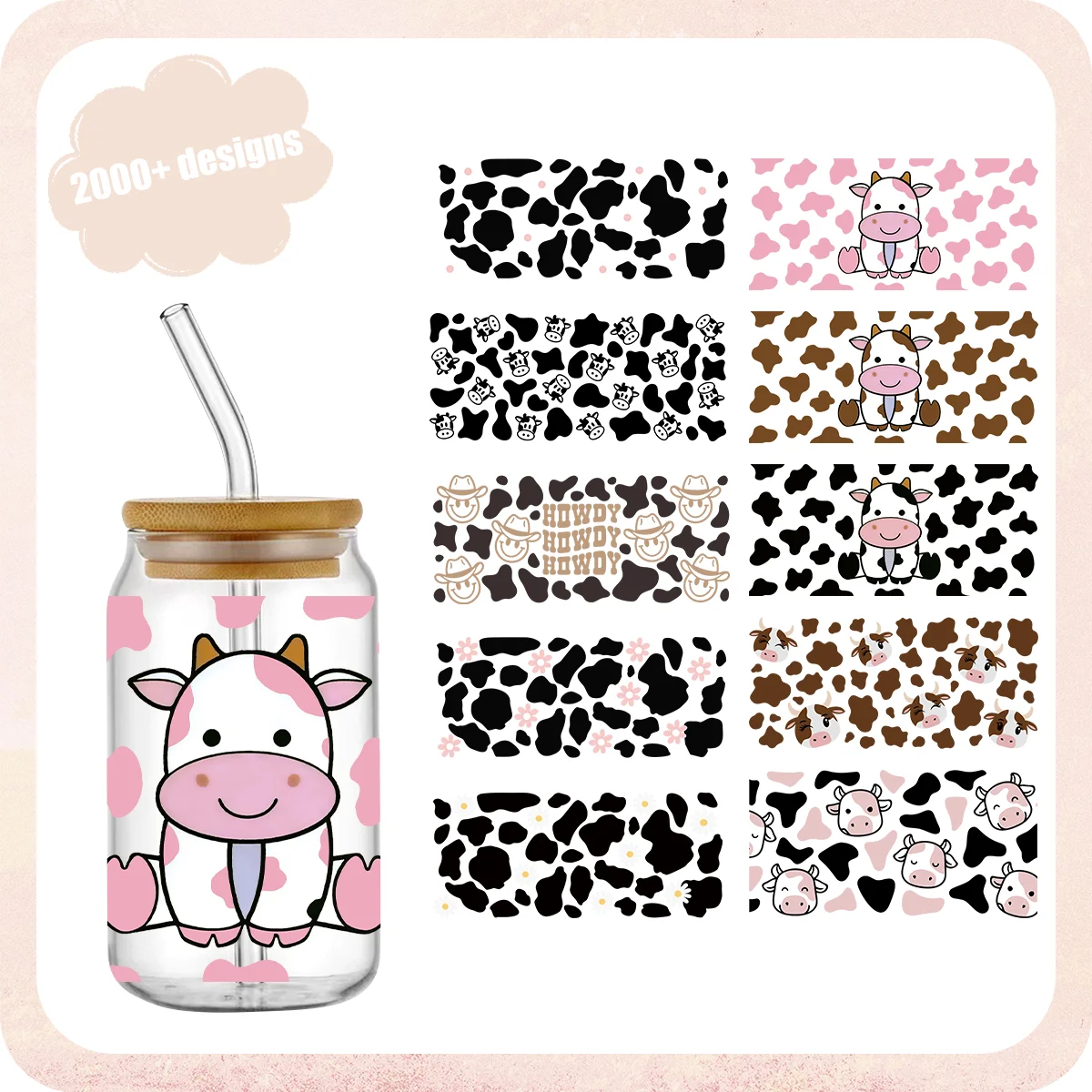 Cute Cow Libbey Glass Bundle Baby cow glass wrap 16oz UVDTF Cup Wrap Libbey Glass Animal Print Svg Libbey Wrap