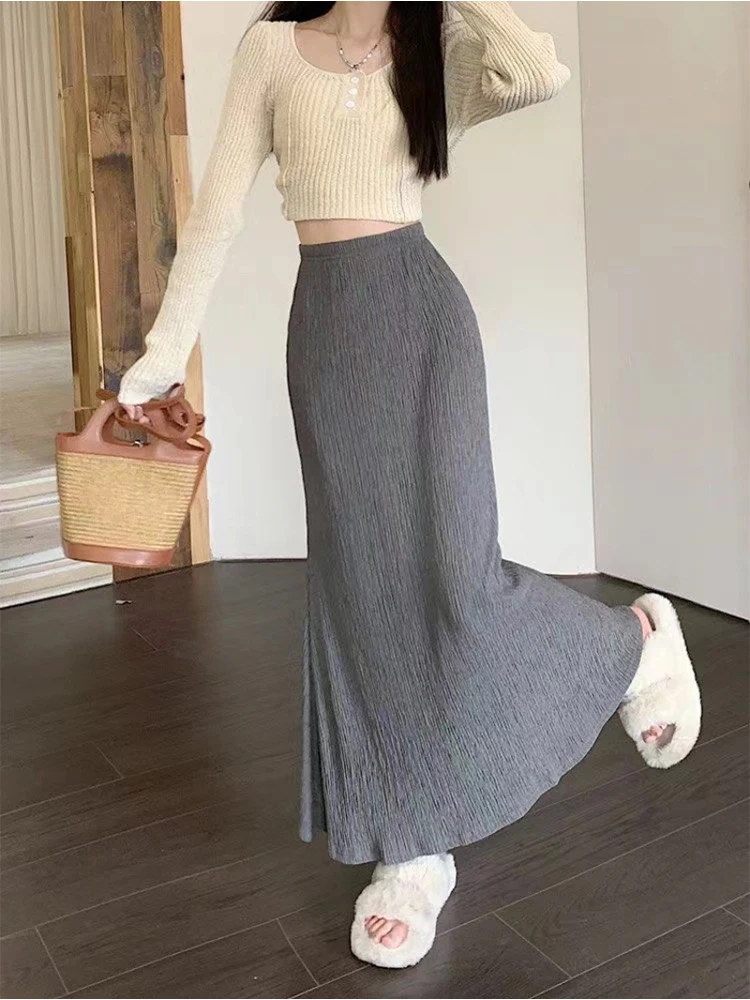 Fall Bodycon Skirt Solid Long Skirt Women Korean Slim Fit Skirt High Waist Elegant Simple Lady Skirts