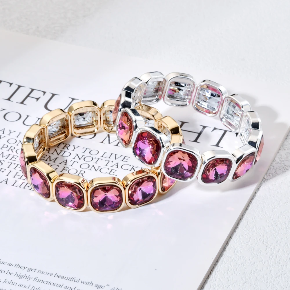 Rose Colorful Glass Crystal Elastic Bracelet Enamel Stretch Rhinestone Bangle Tile Bead Bracelet for Women Fashion Jewelry - view 4