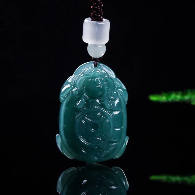 

Natural Real Emerald Blue Water Dragon Turtle Pendant Myanmar Jadeite Necklace Jewelry Charm Designer Luxury Vintage Women