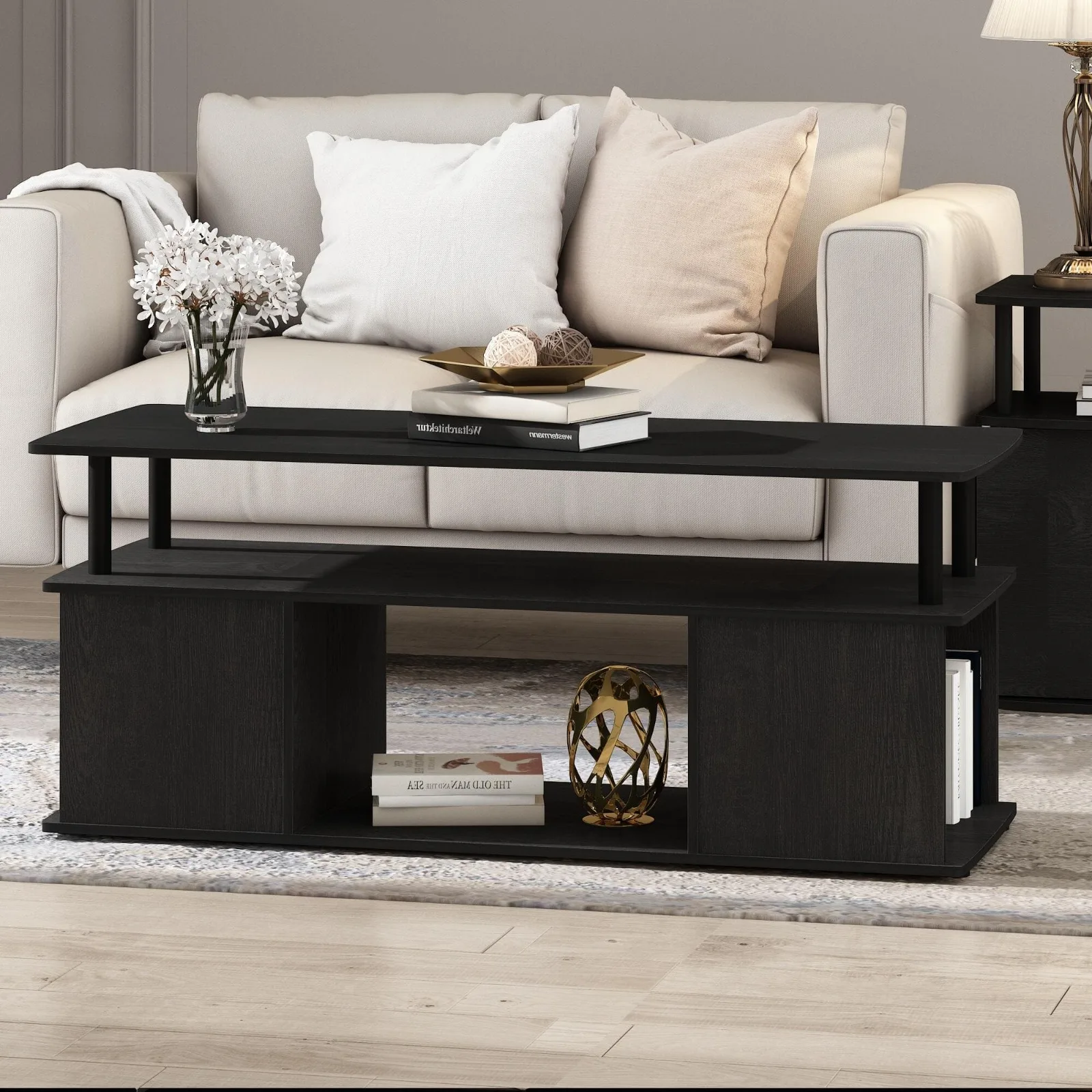 US 48 in. Blackwood Large Rectangle Wood Coffee Table with Shelf