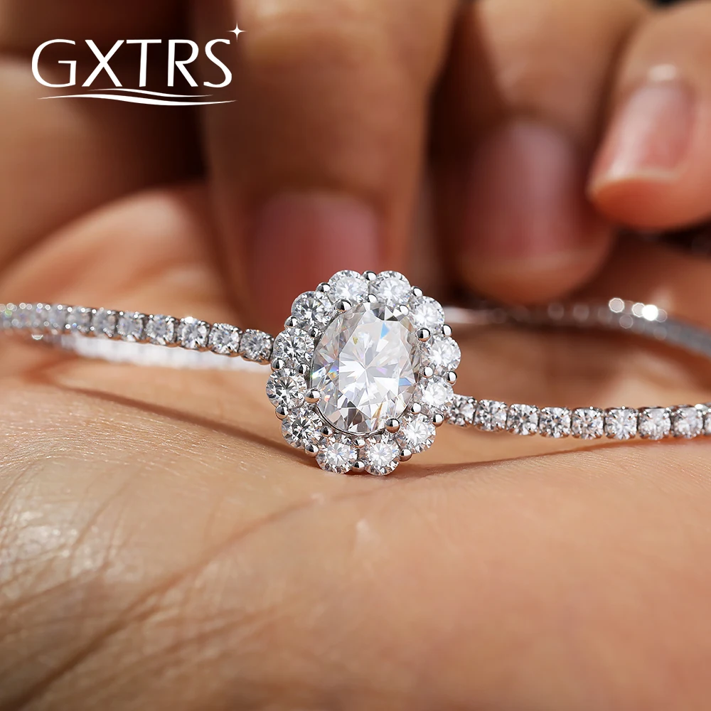 

GXTRS 2CT Oval Moissanite S925 Silver Tennis Bracelets For Women Flower Shape Lab Diamond Hand Chains Wedding Fine Jewelry Gifts