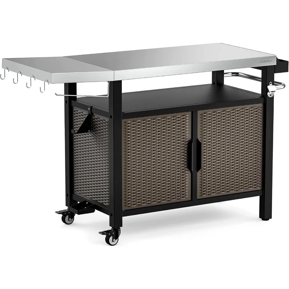 Dining Cart Table Storage Cabinet with Stainless Steel Countertop, Rolling Kitchen Island Worktable with Side Shelf and Wheels