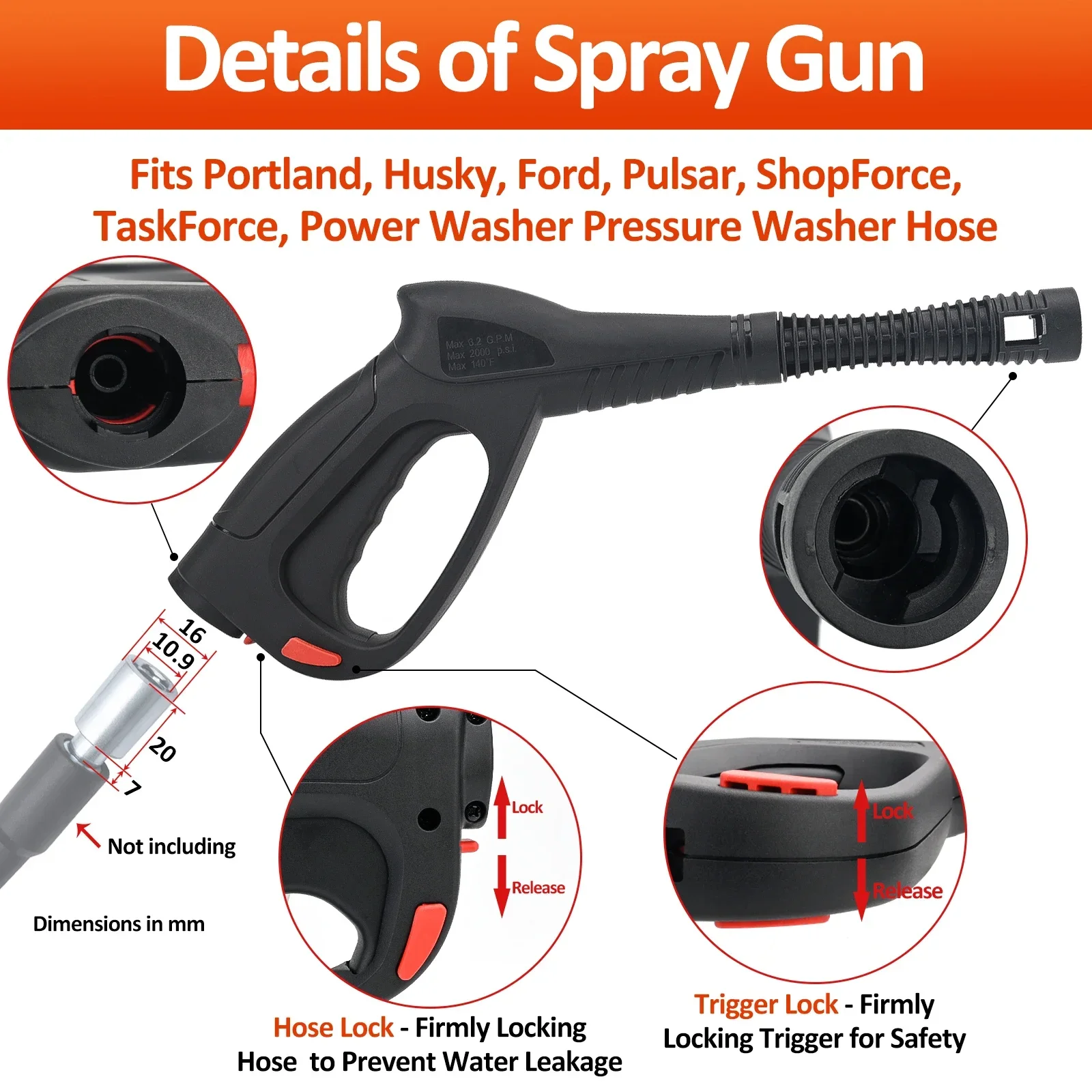 High Pressure Water Gun with Variable Jet Wand Compatible with Portland Husky Ford Pulsar ShopForce Taskforce Powerwasher