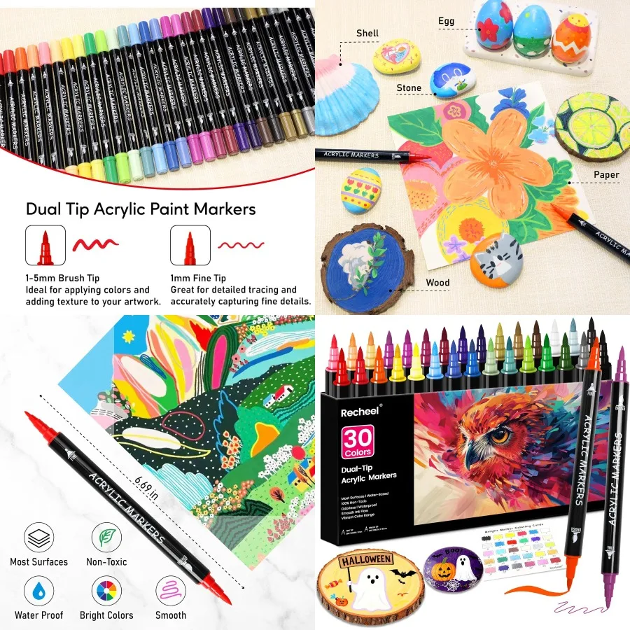 

30 Colors Acrylic Paint Markers with Dual Tip Fine and Brush Tips for Detailed Art Ideal for Crafting Rock Painting Wood Glass