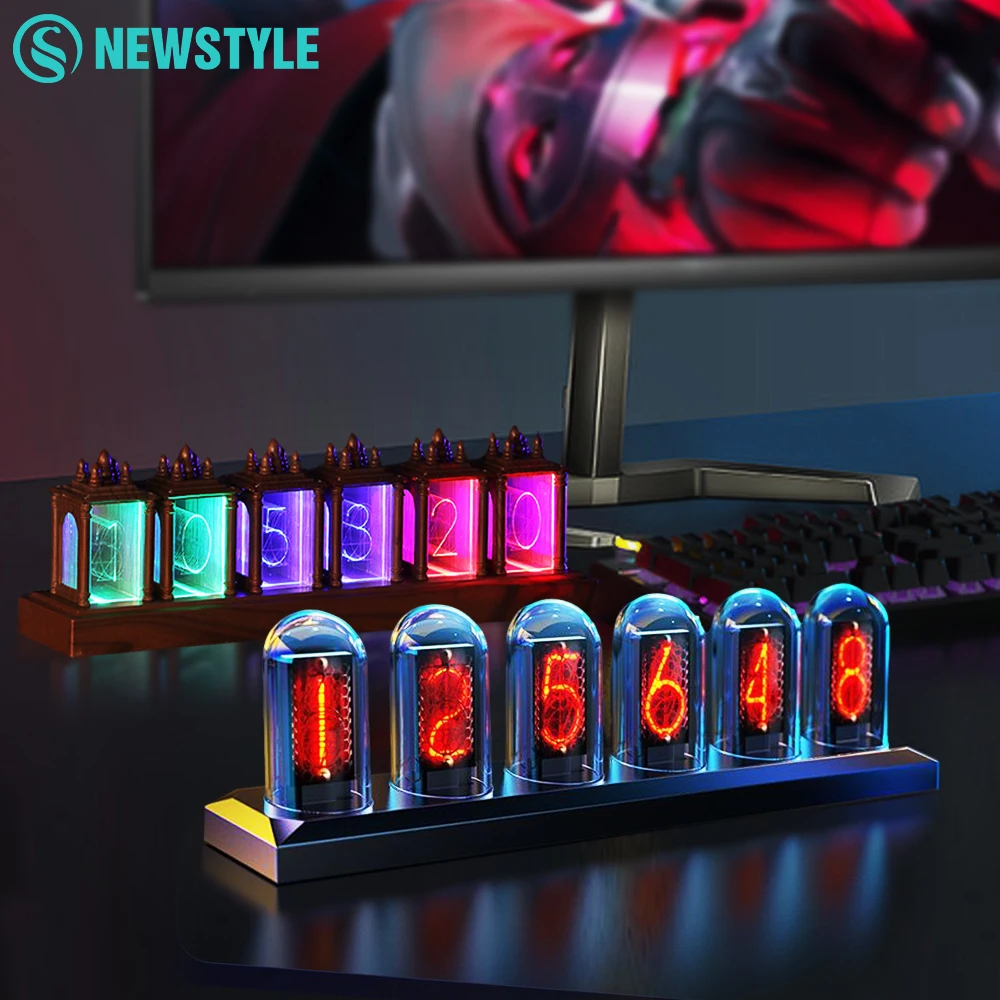 Nixie Tube Digital Clock Night Light RGB Full Color Neon Glow Tube DIY Table Clock Time Display for Desktop Decoration