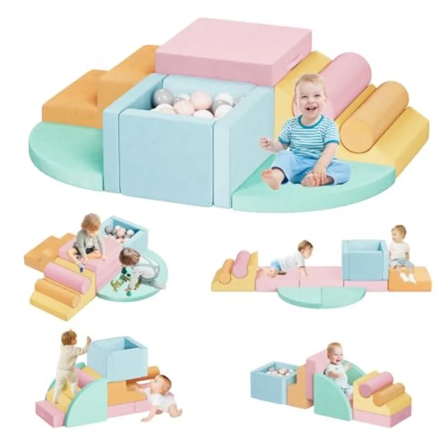 

12 PCS Foam Climbing Blocks for Toddlers with Ball Pit, Safe Soft Play Gym Set, Indoor Playground Foam Blocks for Crawling and