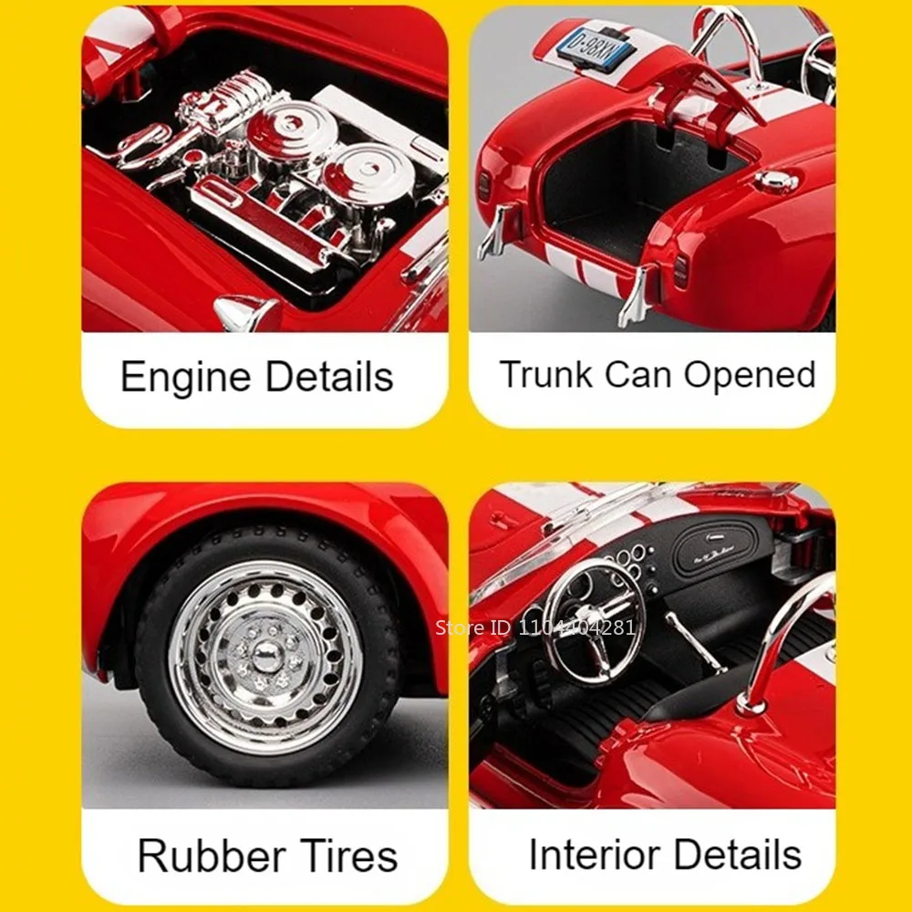 1:22 Shelby Cobra 427 Z4 Toys Sports Cars Models Pull Back Light Music Miniature Car Doors Opened Vehicle for Kid Festival Gifts