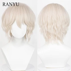 Beige Blonde Synthetic Short Wavy Straight Wig with Bangs Fluffy Anime Game Cosplay Heat Resistant Wig for Daily Party