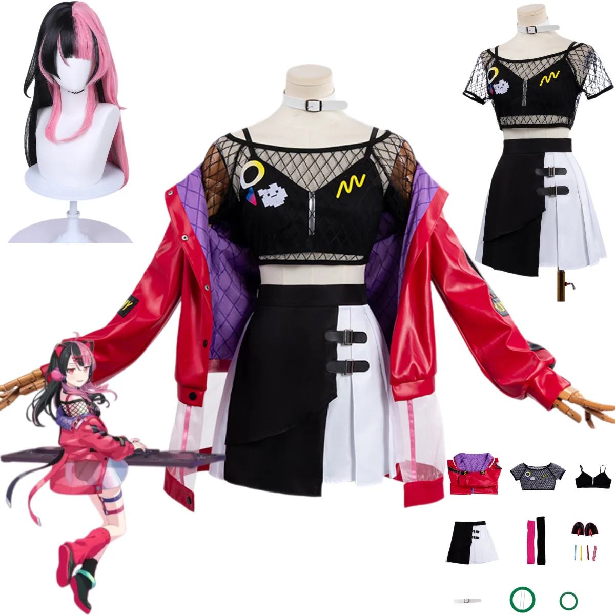 Anime BanG Dream VTuber Sengoku Yuno Cosplay Costume Red PU Coat Skirt Uniform Full Set Wig Woman Sexy Carnival Party Suit